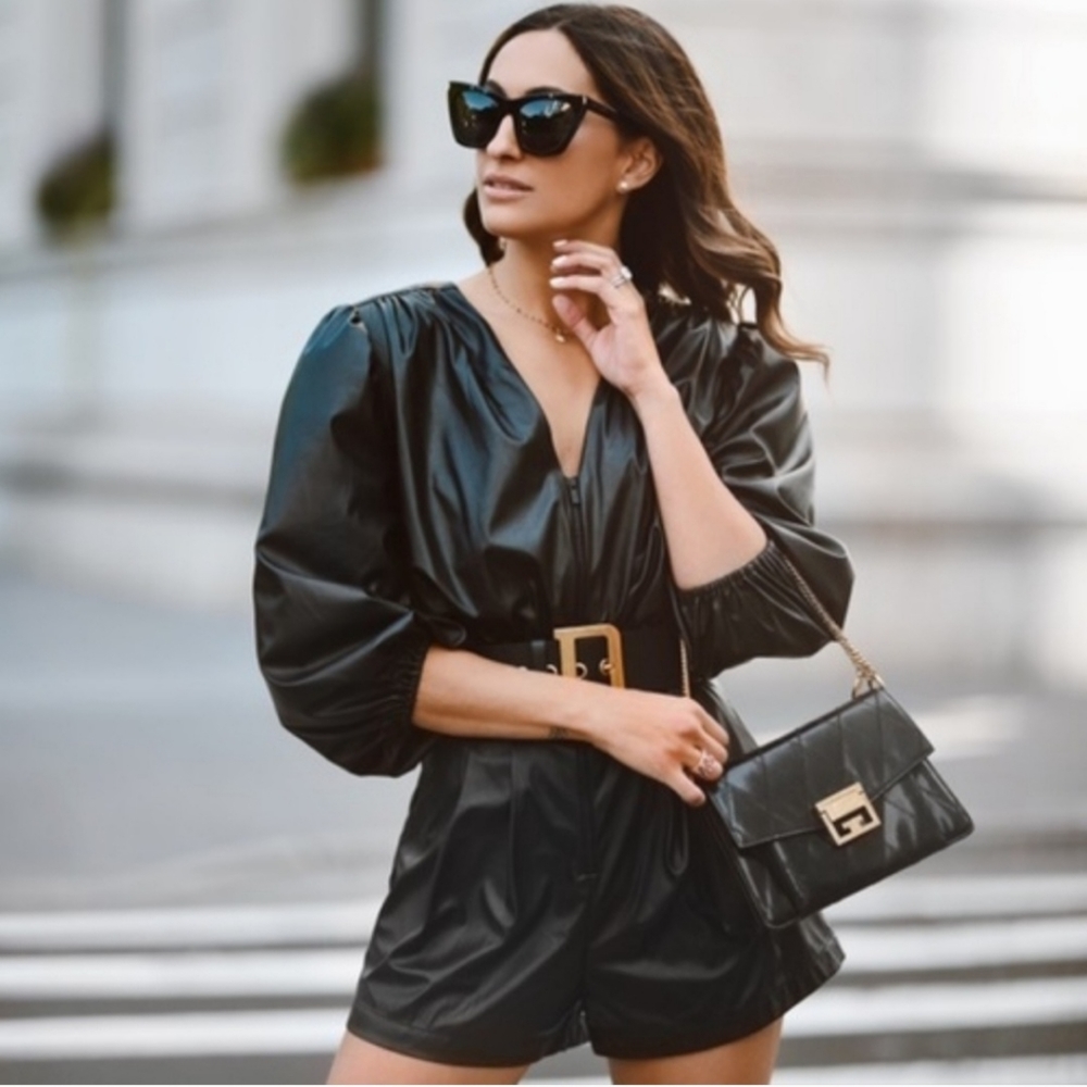 NWT Ramy Brook Ines Puff Sleeve Faux Leather Romper Black